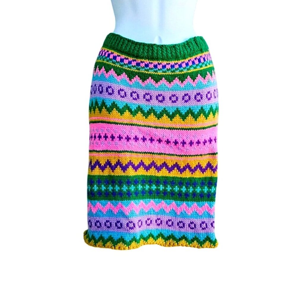 Vintage Hand Knit Colorful Fair Isle Skirt Pastel Elastic Waist Medium